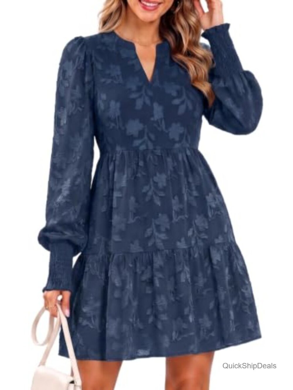 Womens V Neck Floral Babydoll Tiered Tunic Dress Mini A-Line